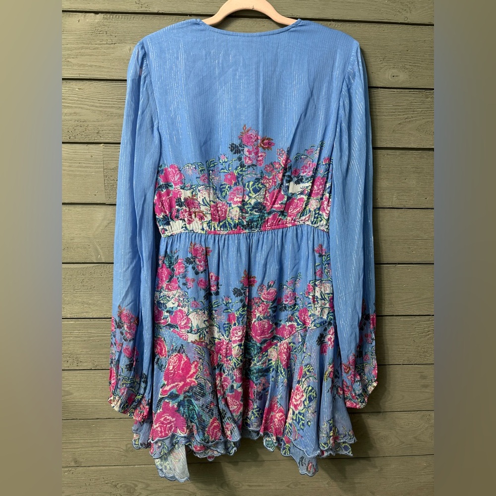 NWT Hemant & Nandita Mila Floral Metallic Stripe Dress Stone Blue L Valentines - Picture 14 of 16